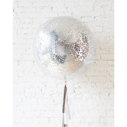 Большой шар с квадратным конфетти серебристым на гирлянде